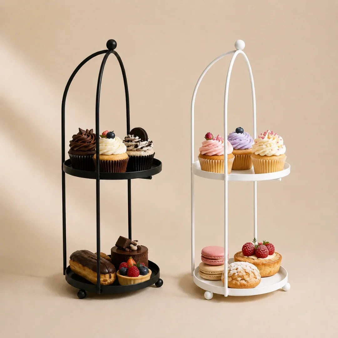 Two tiered dessert stands with pastries on a beige background