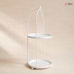 White metal two-tier stand on a beige background
