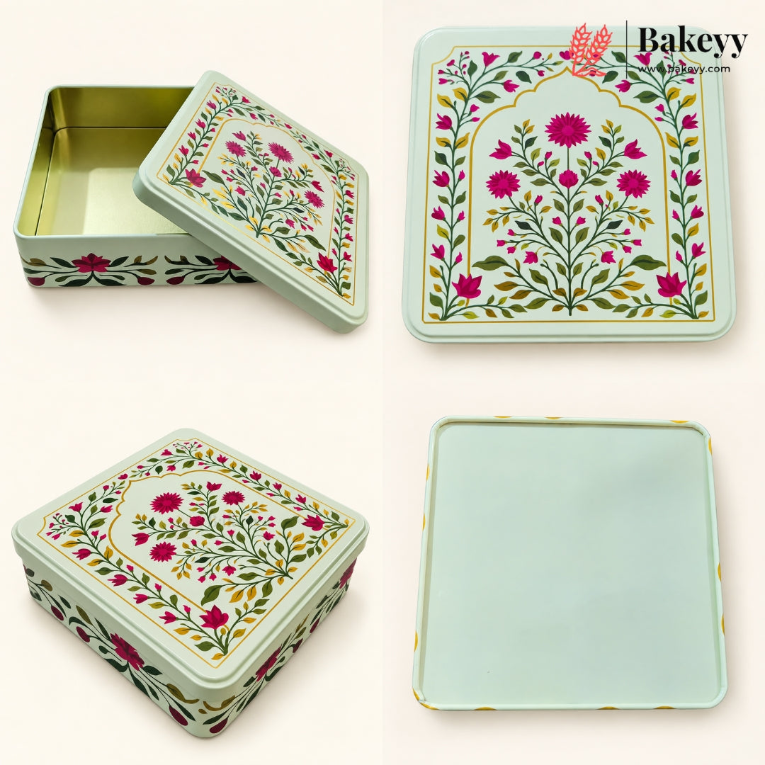 Pichwai & Floral Printed Square Tin Gift Box with Lid | 2 Designs | Pack of 4