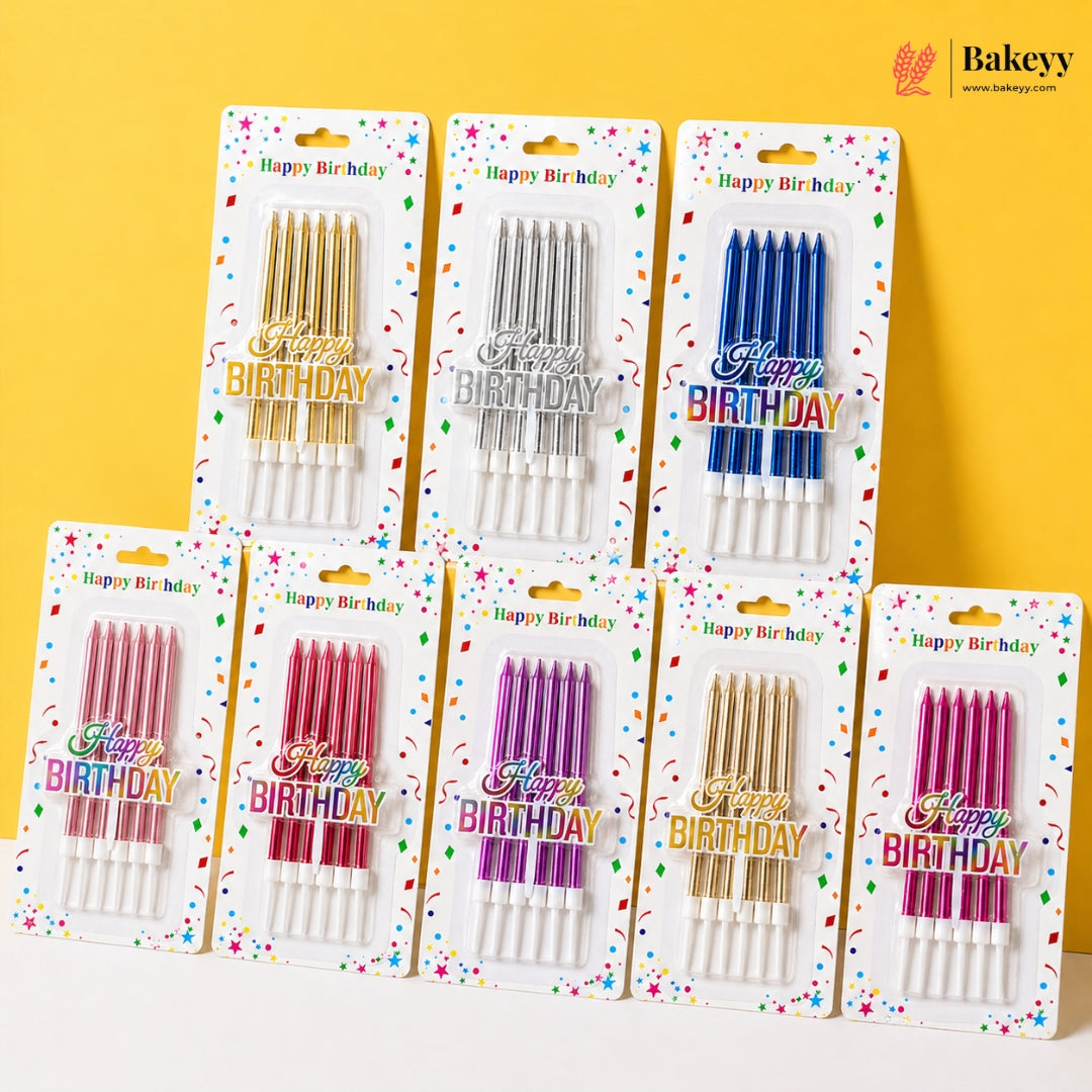 Packaged birthday candles in various colors with 'Happy Birthday' text on a yellow background.