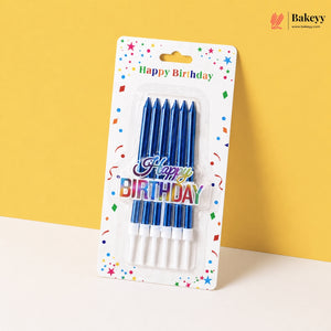 Pack of blue birthday candles with 'Happy Birthday' text on a colorful package against a yellow background.