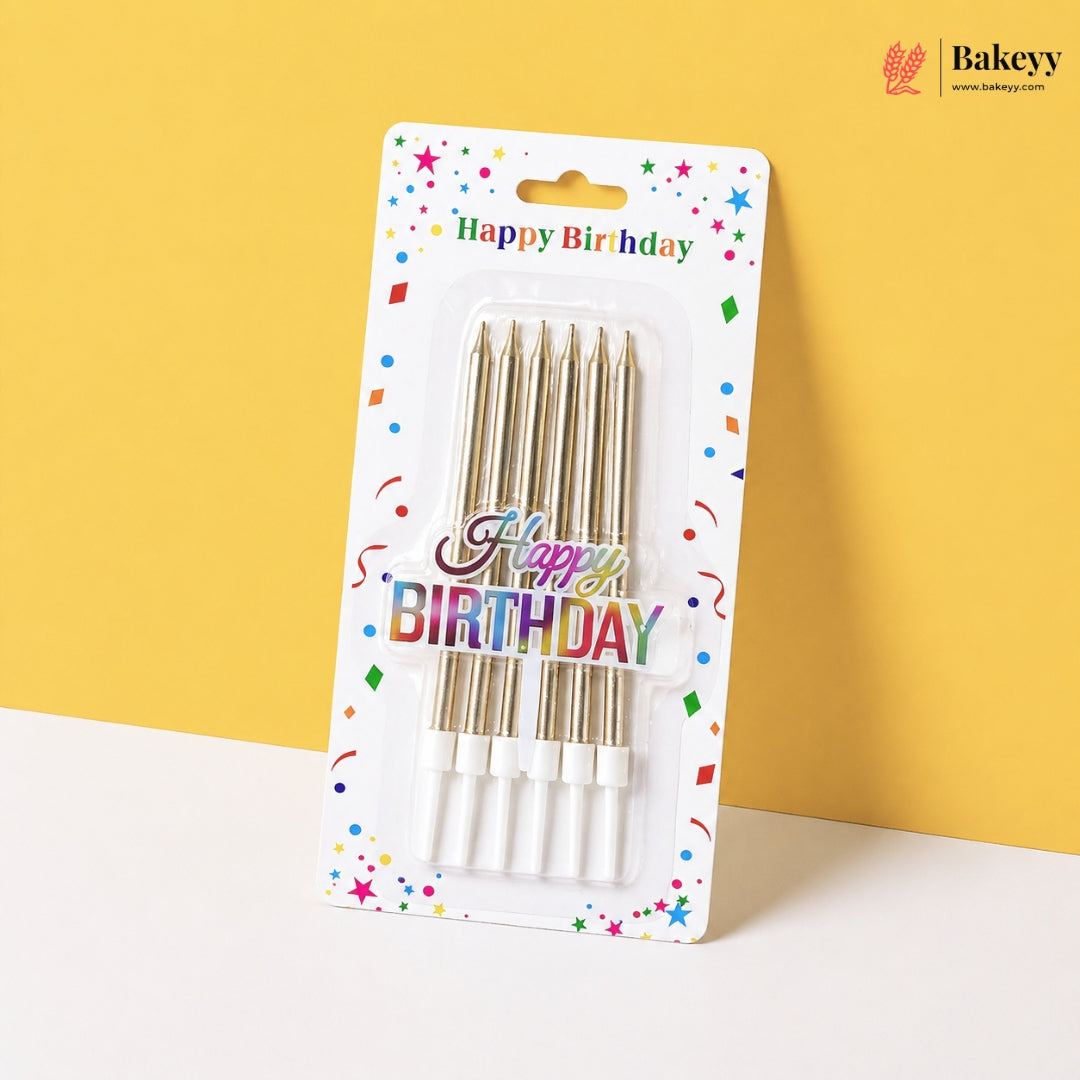 Pack of birthday candles with colorful 'Happy Birthday' text on a white background