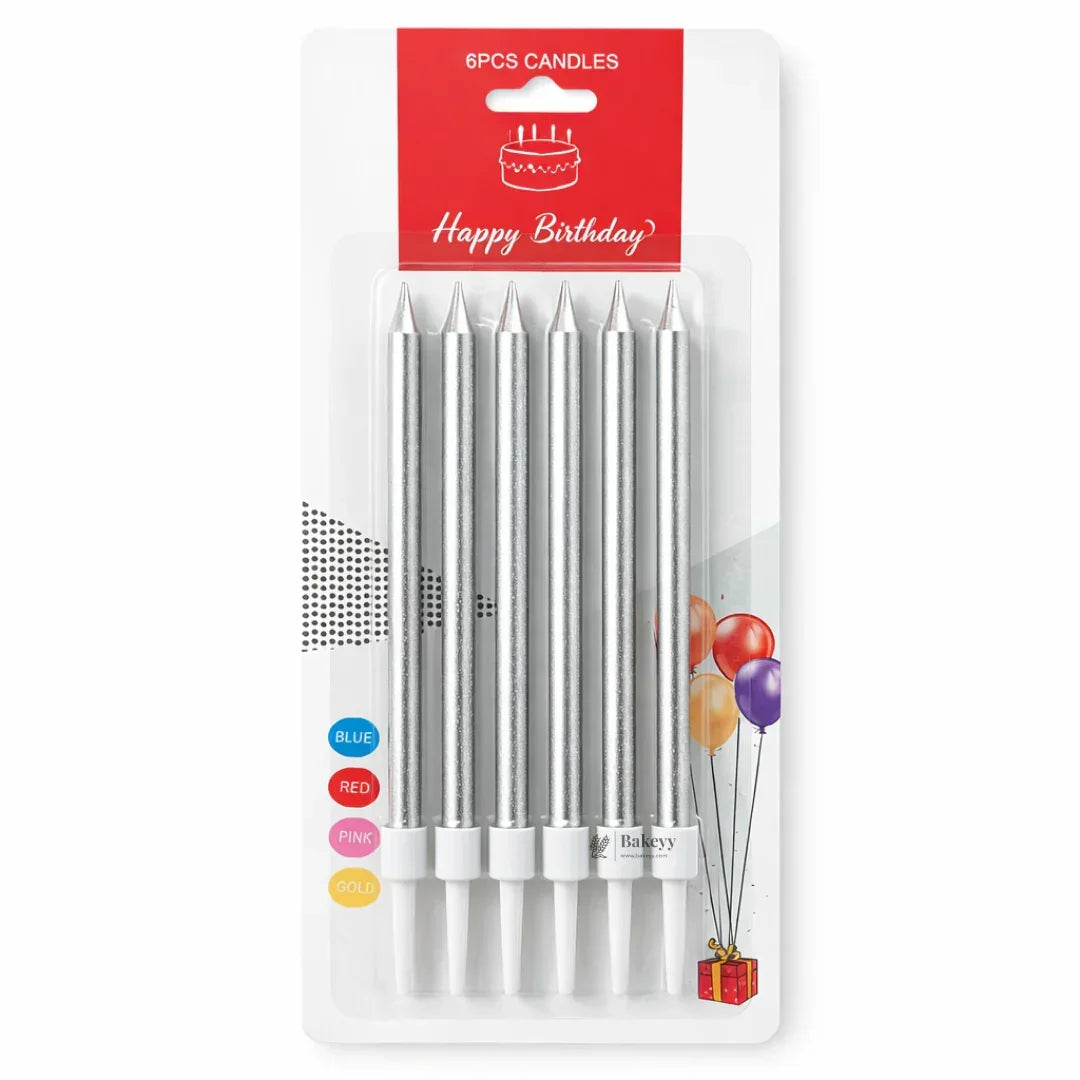 Pack of six metallic silver straight birthday cake candles with holders, Bakeyy.com