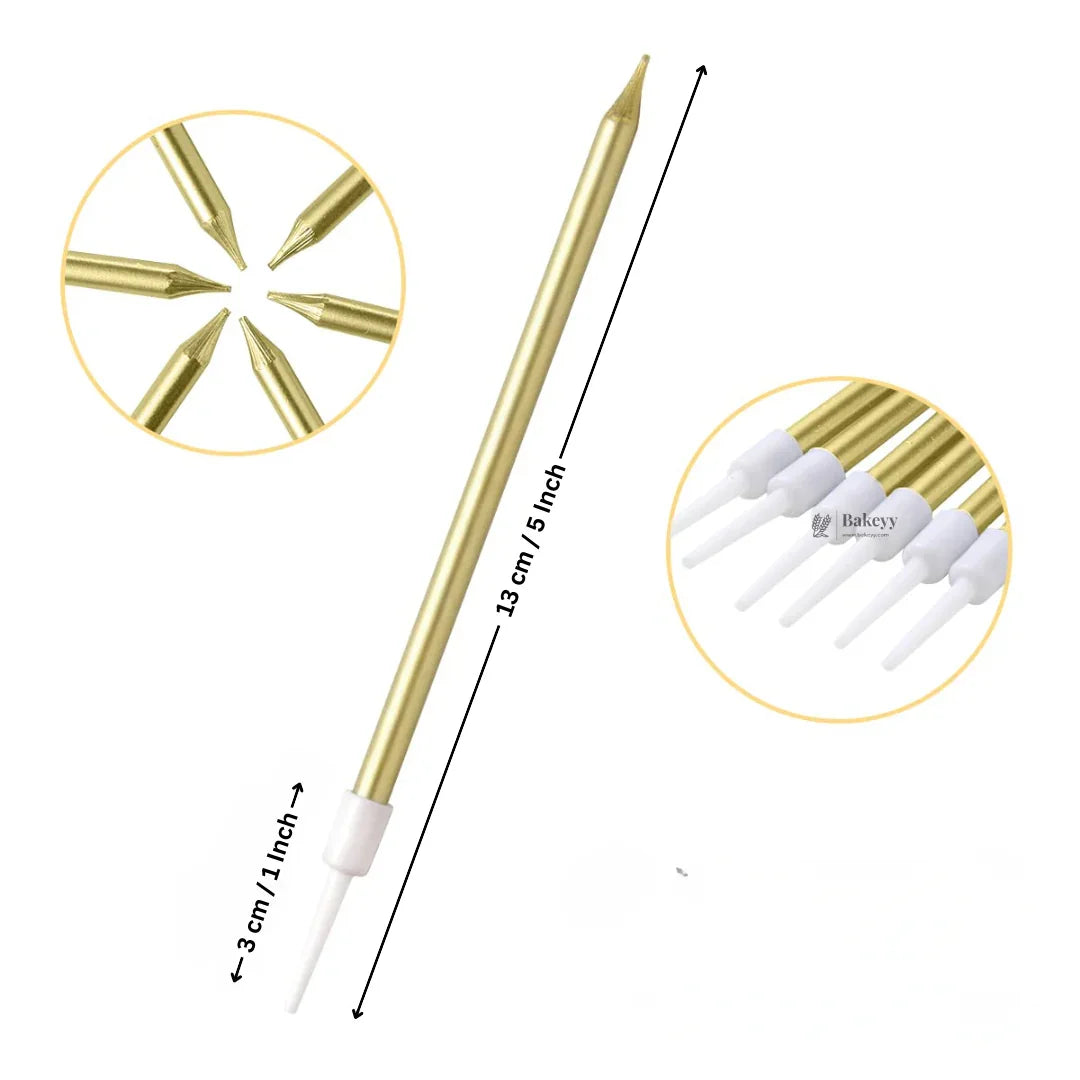 Gold metallic straight birthday cake candles with holders, 5 inch, Bakeyy baking supplies