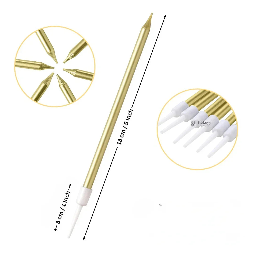 Gold metallic straight birthday cake candles with holders, 5 inch, Bakeyy baking supplies