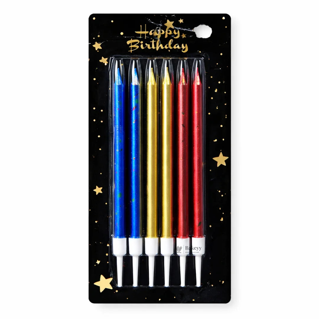 Bakeyy metallic straight birthday cake candles in blue, gold, and red with holders on display card