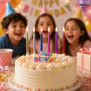 Children celebrating a birthday with a cake and lit candles, featuring the 'Bakeyv' brand.