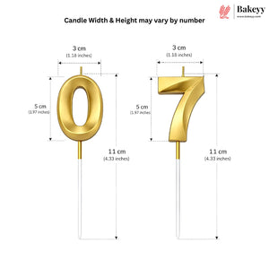 Gold number 0 and number 7 candlesticks with dimension labels showing 3 cm width, 5 cm height, and 11 cm stick length on a white background, with Bakeyy branding in the top right.