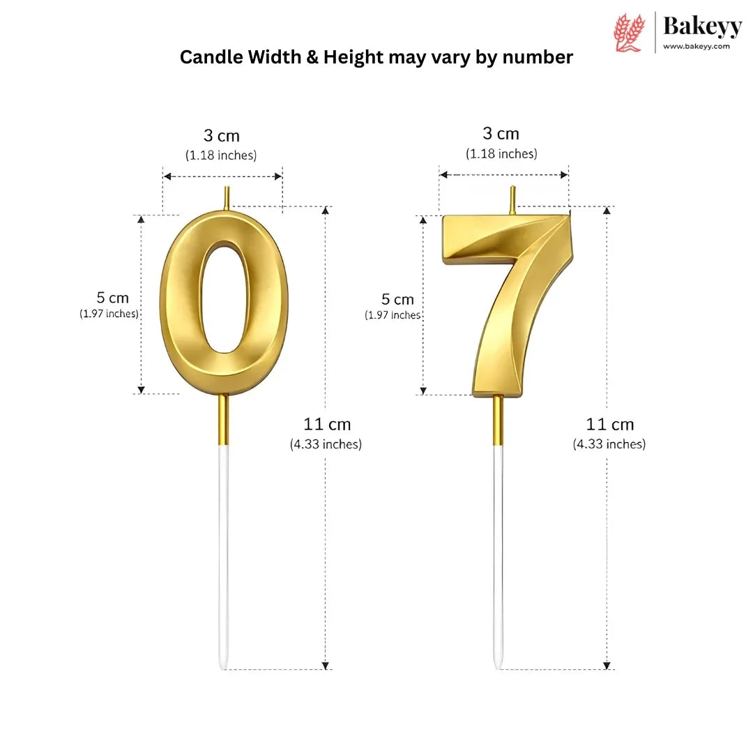 Gold number 0 and number 7 candlesticks with dimension labels showing 3 cm width, 5 cm height, and 11 cm stick length on a white background, with Bakeyy branding in the top right.