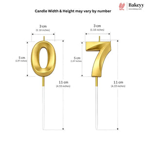 Gold number 0 and number 7 candlesticks with dimension labels showing 3 cm width, 5 cm height, and 11 cm stick length on a white background, with Bakeyy branding in the top right.