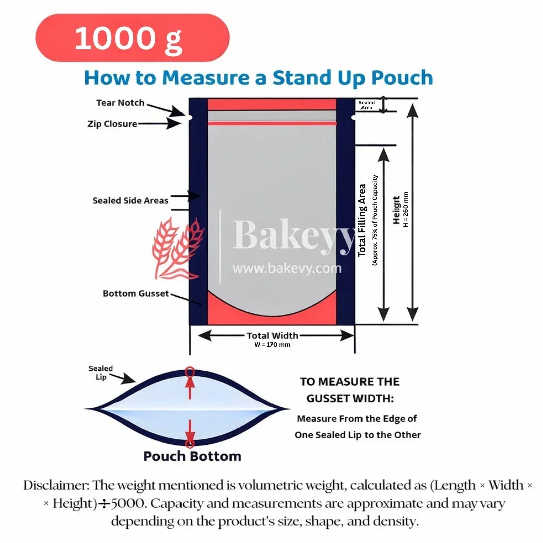 Diagram showing how to measure a 1000g stand up pouch with zip closure, Bakeyy.com branding.