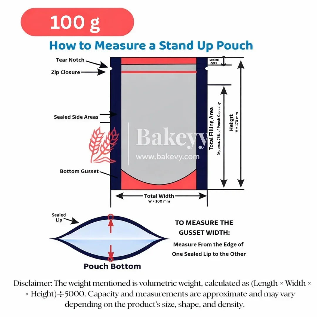 Diagram showing how to measure a 100g milky white pouch without window, labeled for Bakeyy.com wholesale baking packaging supplies.