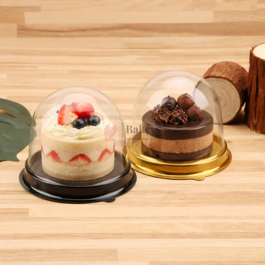 Mini Cake Dome Box with Clear Lid and Base | Individual Cake Packaging Black & Gold Base | Pack of 50 - Bakeyy.com - India - Mini Cake Dome Box with Clear Lid and Base | Individual Cake Packaging Black & Gold Base | Pack of 50 - Black 500.00