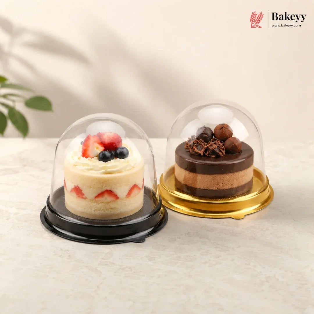 Mini_Cake_Dome_Box_with_Clear_Lid_and_Base_Individual_Cake_Packaging_Black_Gold_Base_Pack_of_50 - Bakeyy.com IN