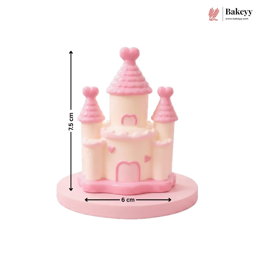 Pink castle-shaped cake with dimensions and Bakeyy branding