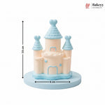 Pink castle-shaped cake with dimensions and Bakeyy branding