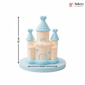 Pink castle-shaped cake with dimensions and Bakeyy branding
