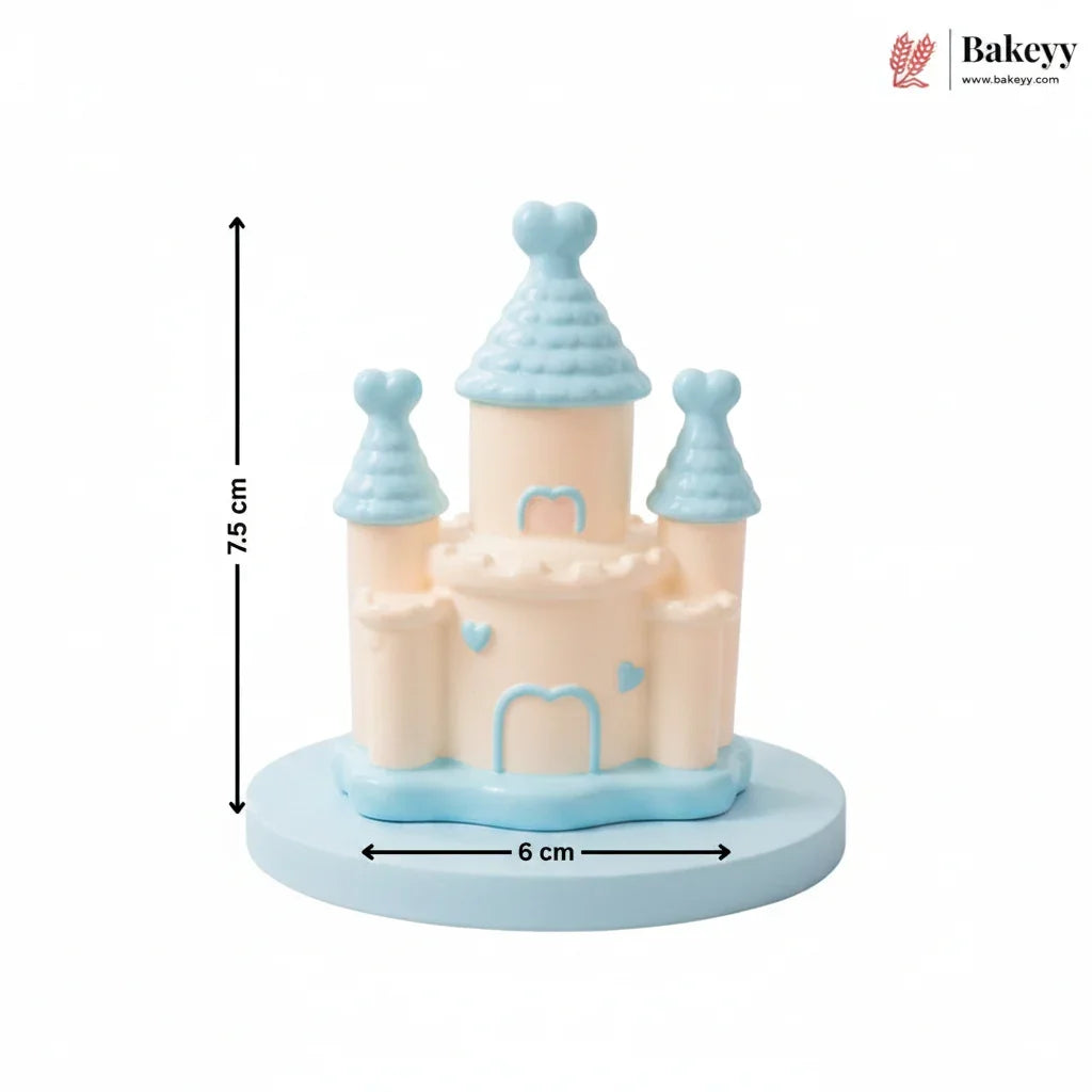 Pink castle-shaped cake with dimensions and Bakeyy branding