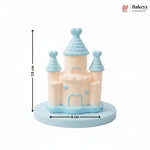 Pink castle-shaped cake with dimensions and Bakeyy branding