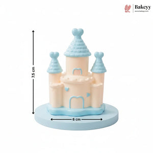 Pink castle-shaped cake with dimensions and Bakeyy branding
