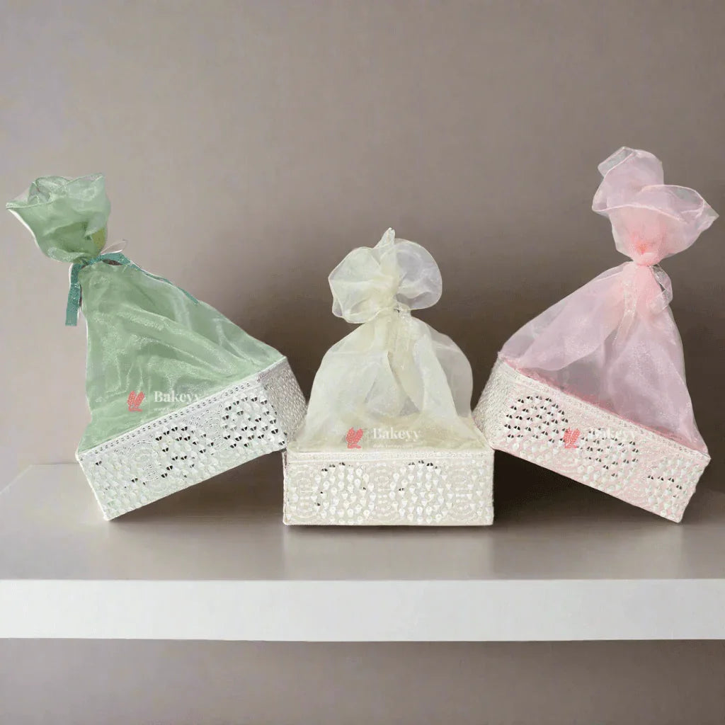 Crystal Mesh Hamper Gift Set | Mint, Ivory, and Pink | Elegant Square Gifting Tray - Bakeyy.com - India - Crystal Mesh Hamper Gift Set | Mint, Ivory, and Pink | Elegant Square Gifting Tray - Mint Green / Small - 8 Inch