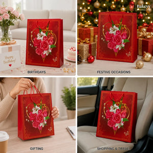 Red gift bag with floral design used for birthdays, festive occasions, gifting, and shopping & travel.