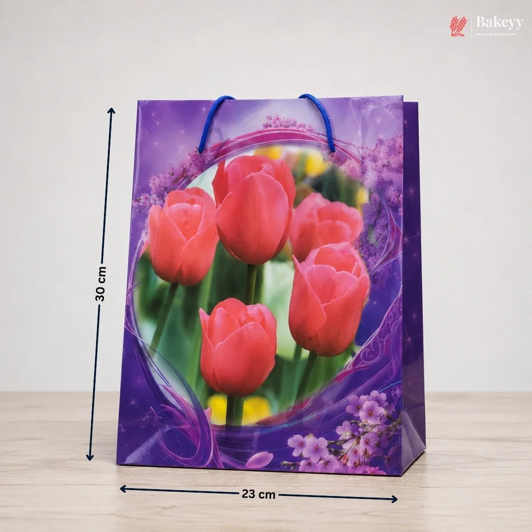 Gift bag with tulip design and measurements on a wooden surface
