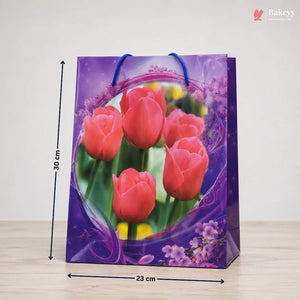 Gift bag with tulip design and measurements on a wooden surface