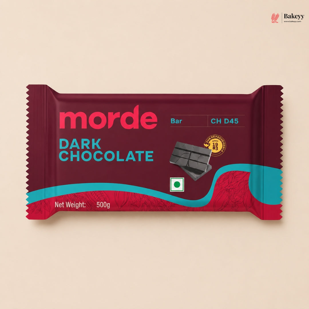 Dark chocolate bar packaging with 'morde' branding on a beige background