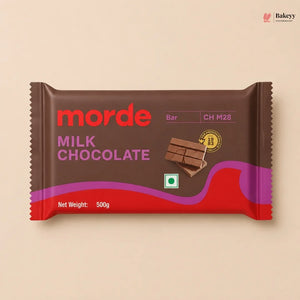 Chocolate bar packaging with 'morde' branding on a beige background