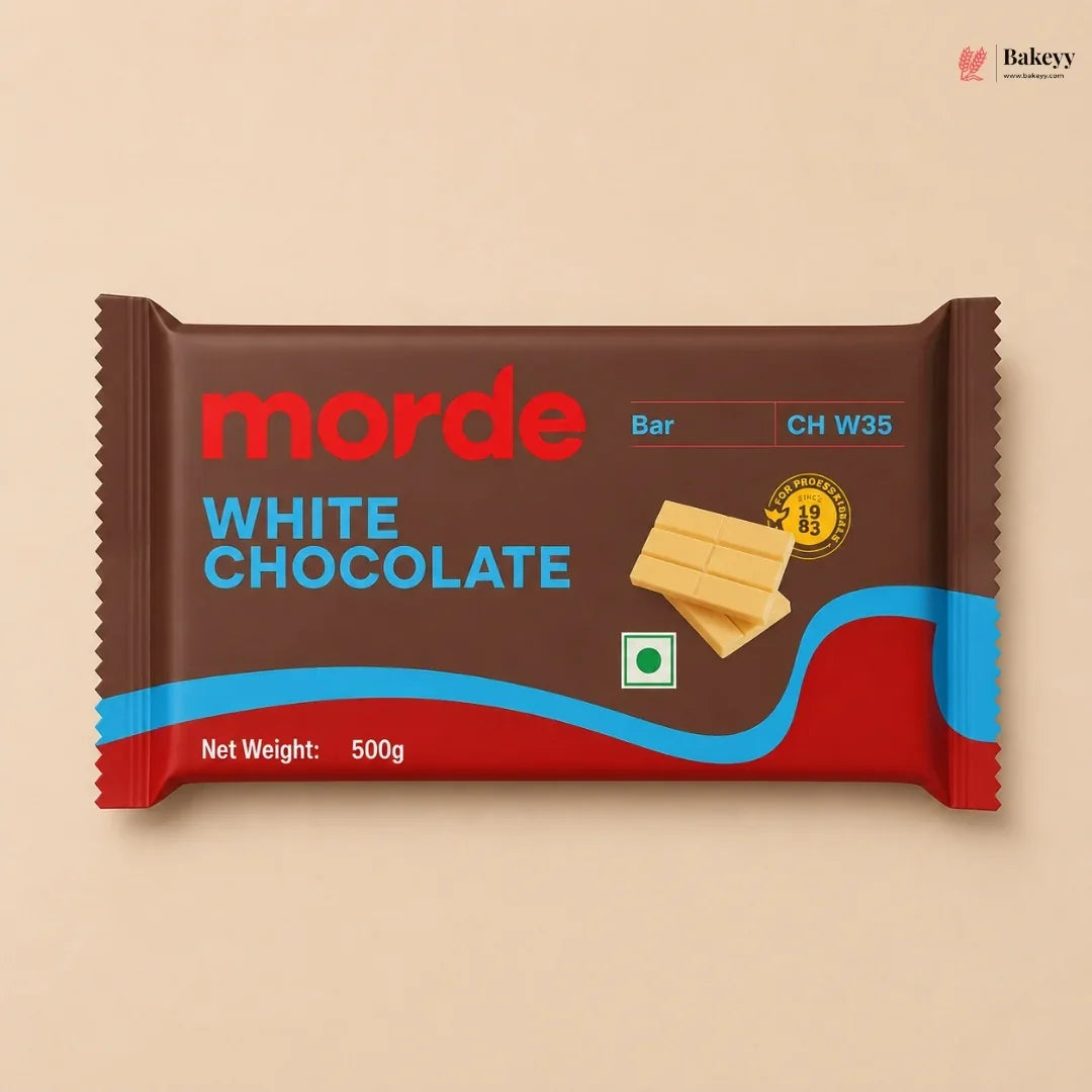White chocolate bar packaging with 'orde' branding on a beige background