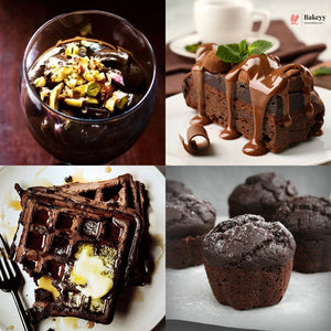 Collage of chocolate desserts including a bowl, cake, waffles, and muffins with 'Bakey' branding.