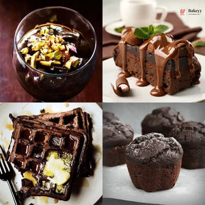 Collage of chocolate desserts including a bowl, cake, waffles, and muffins with 'Bakey' branding.