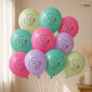 Colorful balloons with bear illustrations on a neutral background
