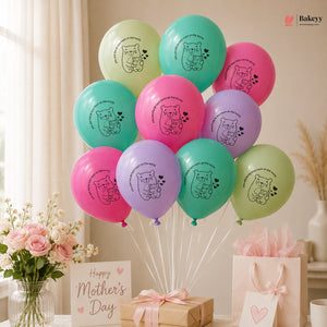 Colorful balloons with bear designs, a gift, and flowers on a table.