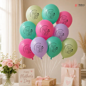 Colorful balloons with bear designs, a gift, and flowers on a table.