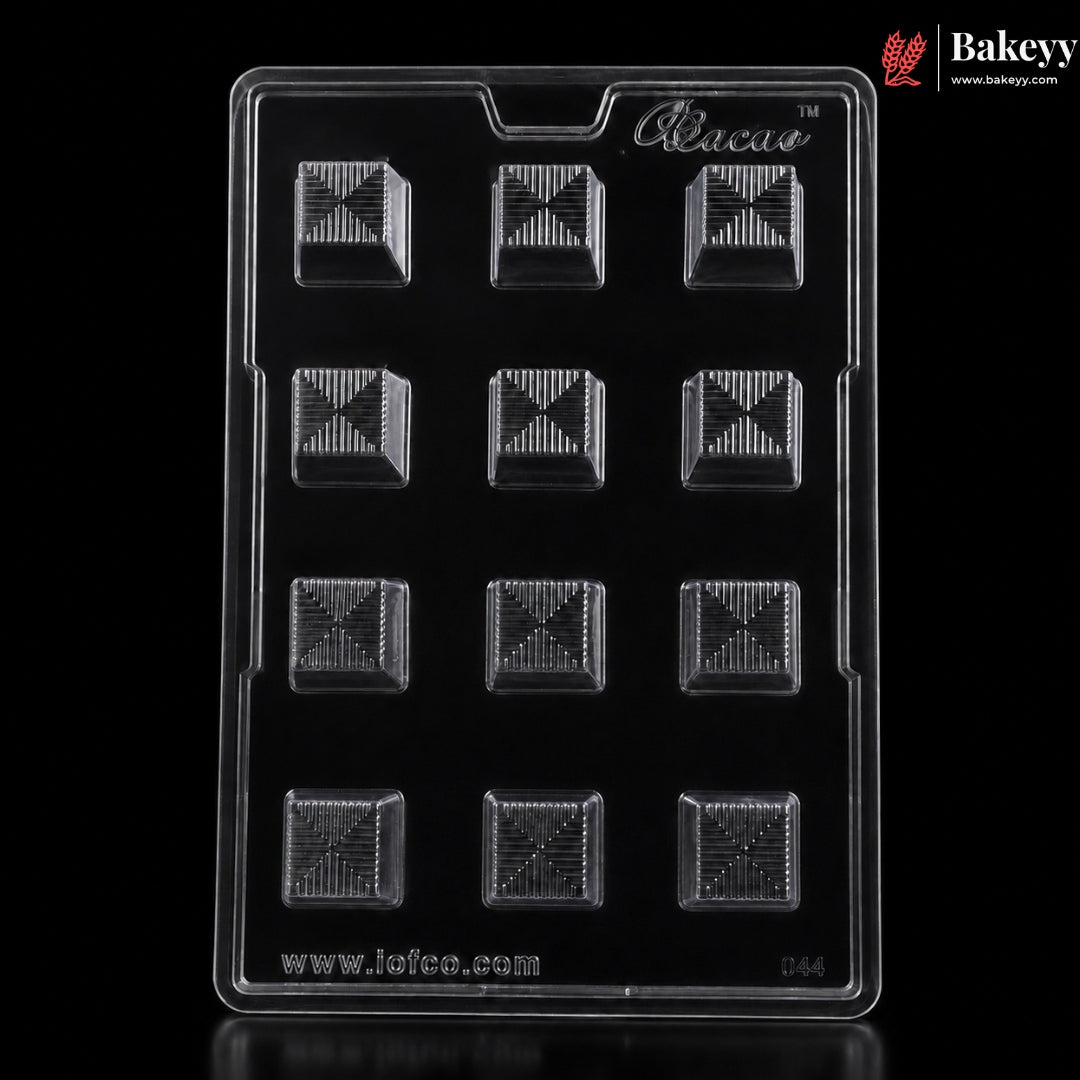 Mould -044 | 12 Cavity Square Chocolate Mould with Geometric Line Pattern | Pack of 1