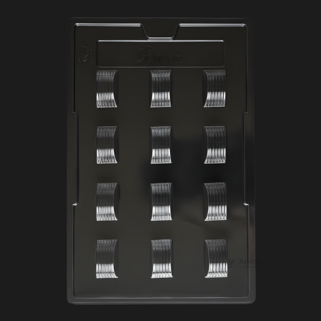 Mould 002 | Curved Chocolate Mould with Ribbed Texture | 12 Cavity Clear Plastic Chocolate Mould Tray | Professional Chocolate Making Mould | Pack of 1