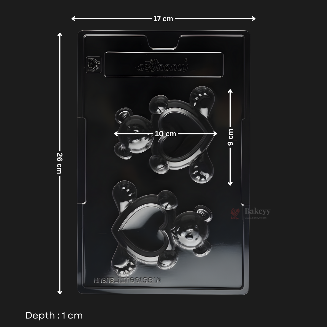 Mould 066 | Teddy Bear Heart Chocolate Mould | 2 Cavity Clear Plastic Chocolate Mould Tray | Cute Character Chocolate Making Mould | Pack of 1