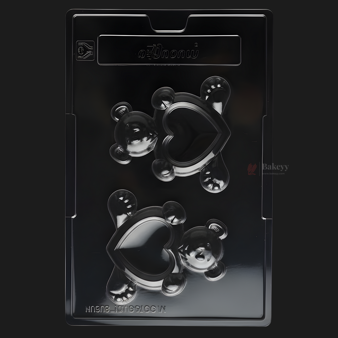 Mould 066 | Teddy Bear Heart Chocolate Mould | 2 Cavity Clear Plastic Chocolate Mould Tray | Cute Character Chocolate Making Mould | Pack of 1