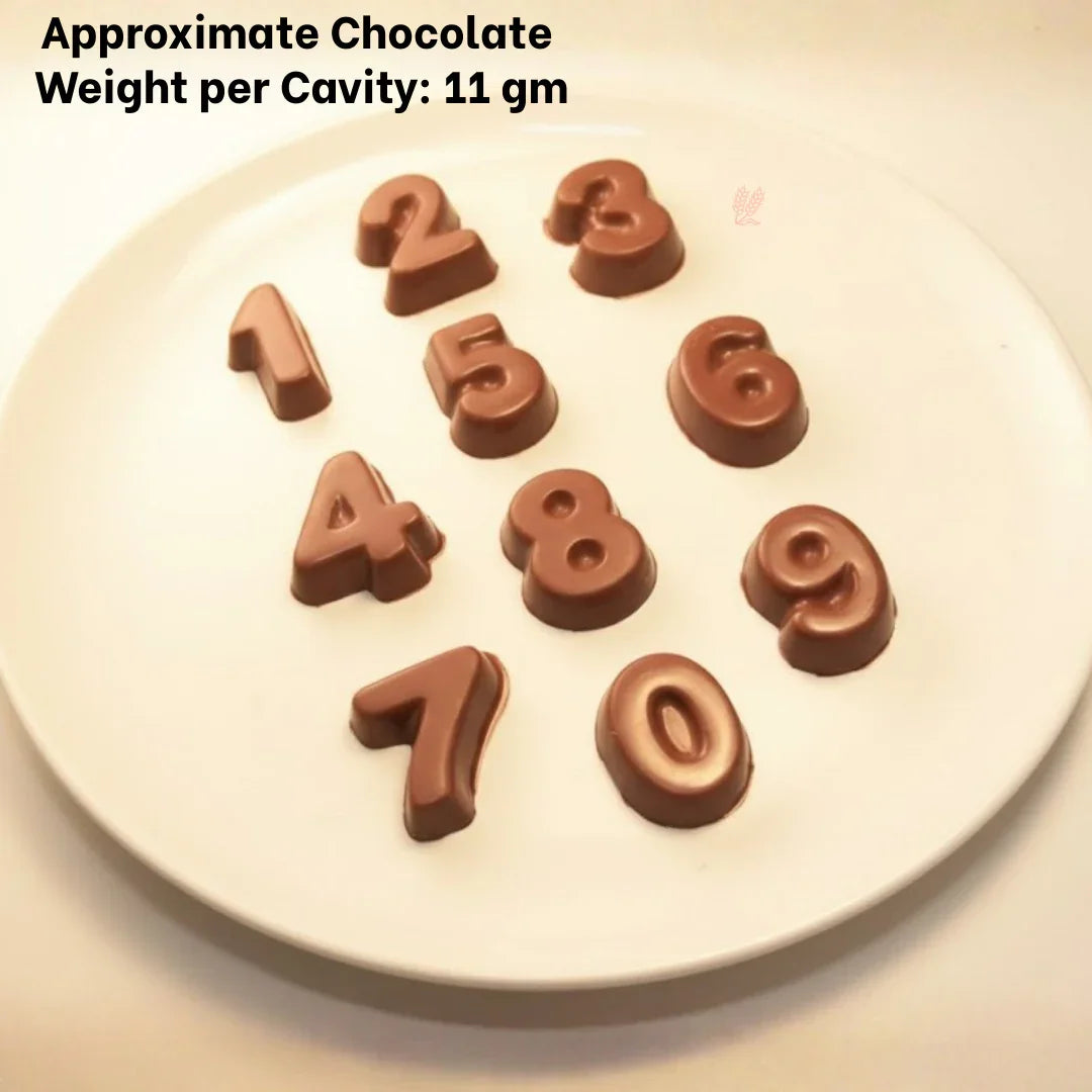 Number-shaped chocolate pieces displayed on a white plate, ideal for baking and party favors from Bakeyy.com.