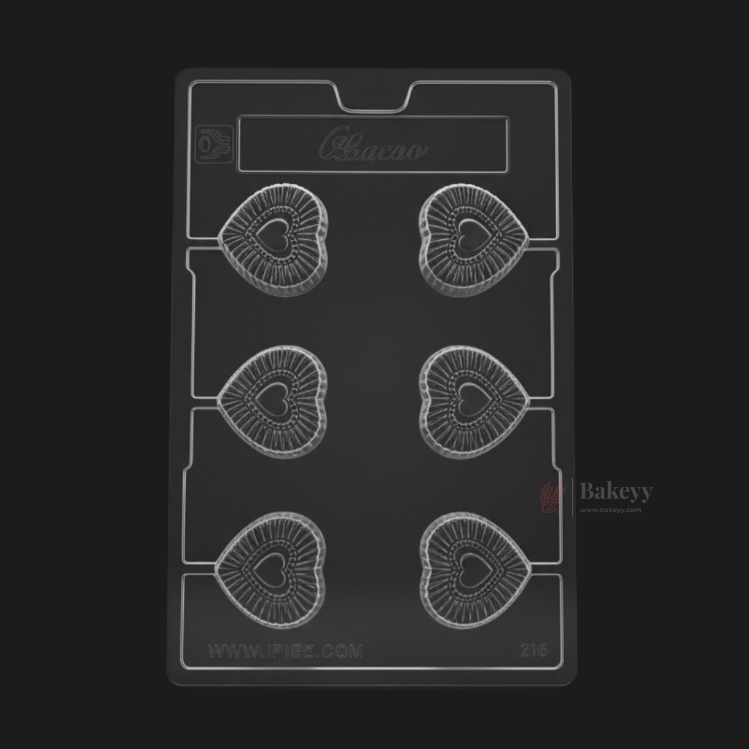 Mould 216 | Heart Shape Chocolate Mould with Ribbed Texture | 6 Cavity Clear Plastic Chocolate Mould Tray | Decorative Chocolate Making Mould | Pack of 1