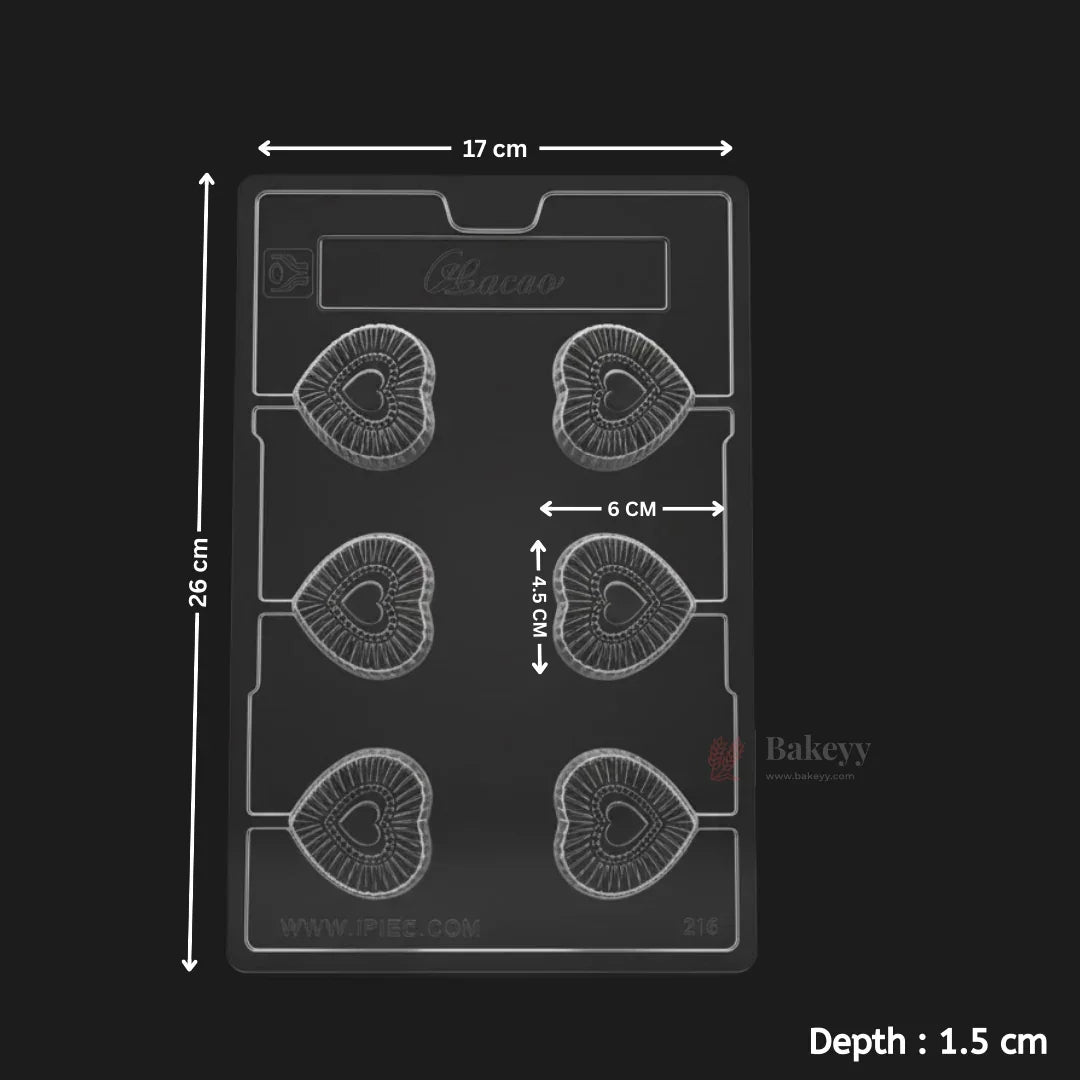 Mould 216 | Heart Shape Chocolate Mould with Ribbed Texture | 6 Cavity Clear Plastic Chocolate Mould Tray | Pack of 1