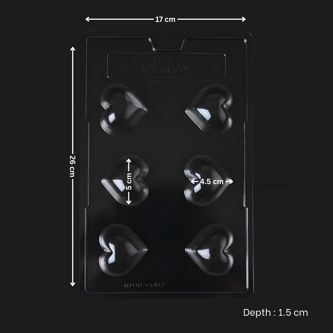 Heart-shaped plastic chocolate mould tray for baking, 6 cavities, dimensions 26x17 cm
