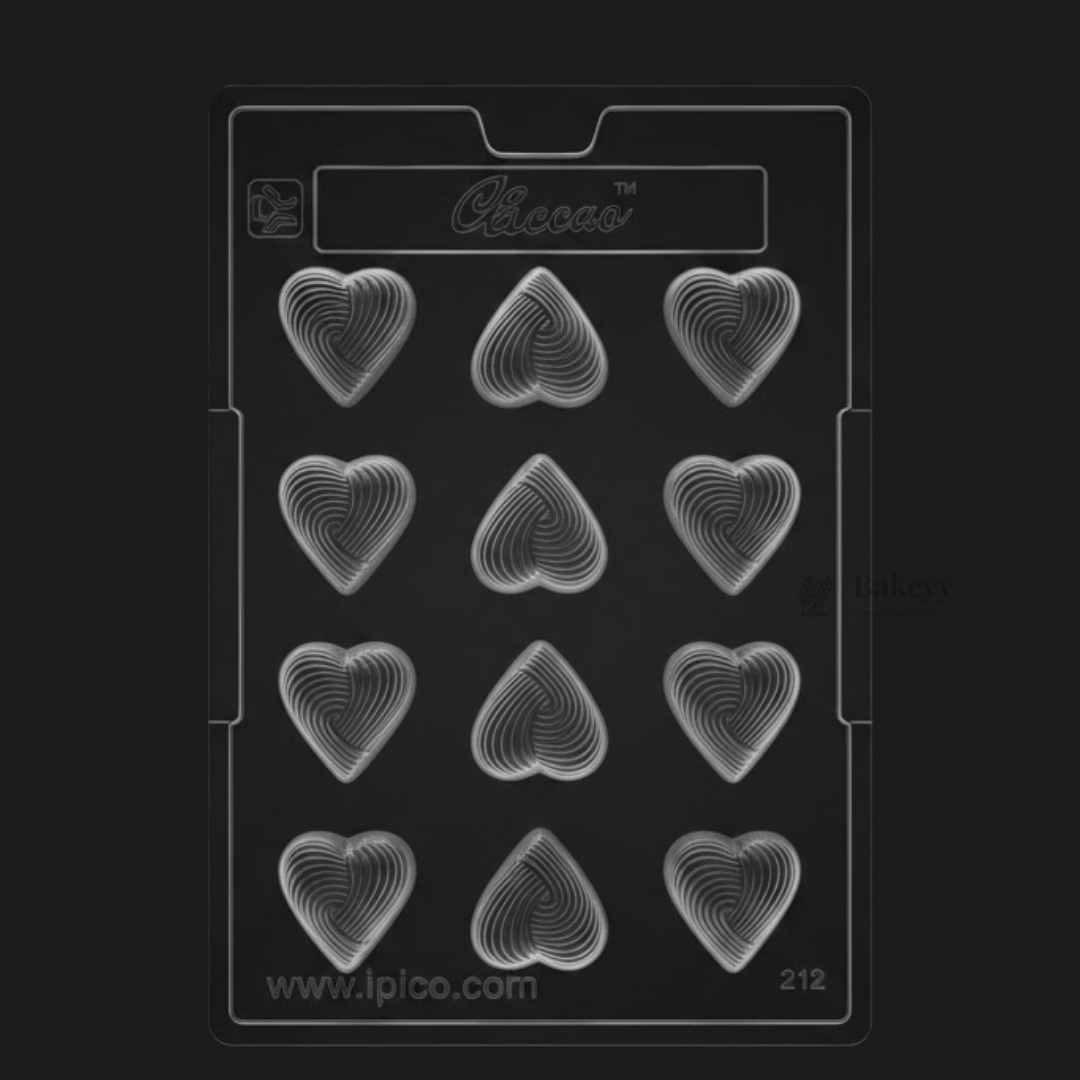 Mould 275 | Heart Shape Chocolate Mould with Layered Swirl Texture | 12 Cavity Clear Plastic Chocolate Mould Tray | Decorative Chocolate Making Mould | Pack of 1