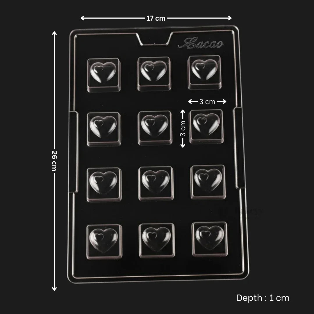 Mould 363 | Heart Filled Chocolate Mould | Square Chocolate with Heart Top | 12 Cavity | Pack of 1