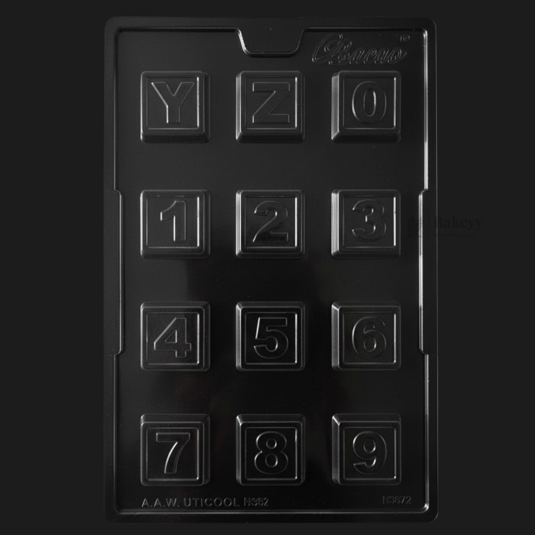 Mould 398 | Alphabet & Number Chocolate Mould | Square Letter and Digit Chocolate Tray | Food-Grade Plastic Chocolate Mould | Pack of 1