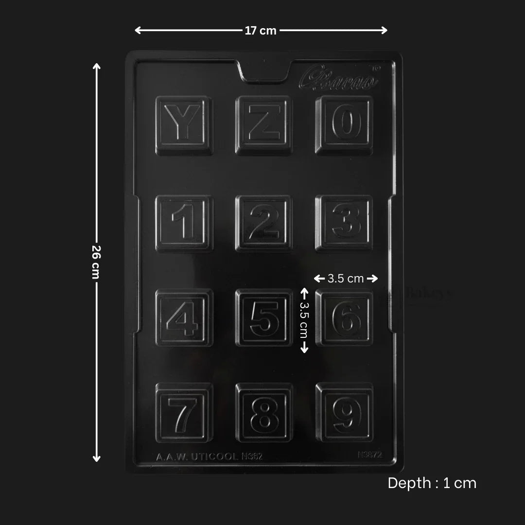 Mould 398 | Alphabet & Number Chocolate Mould | Square Letter and Digit Chocolate Tray | 12 Cavity | Pack of 1