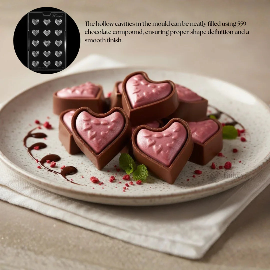 Plastic hollow heart chocolate mould tray with heart-shaped chocolates on a decorative plate, Bakeyy baking supplies