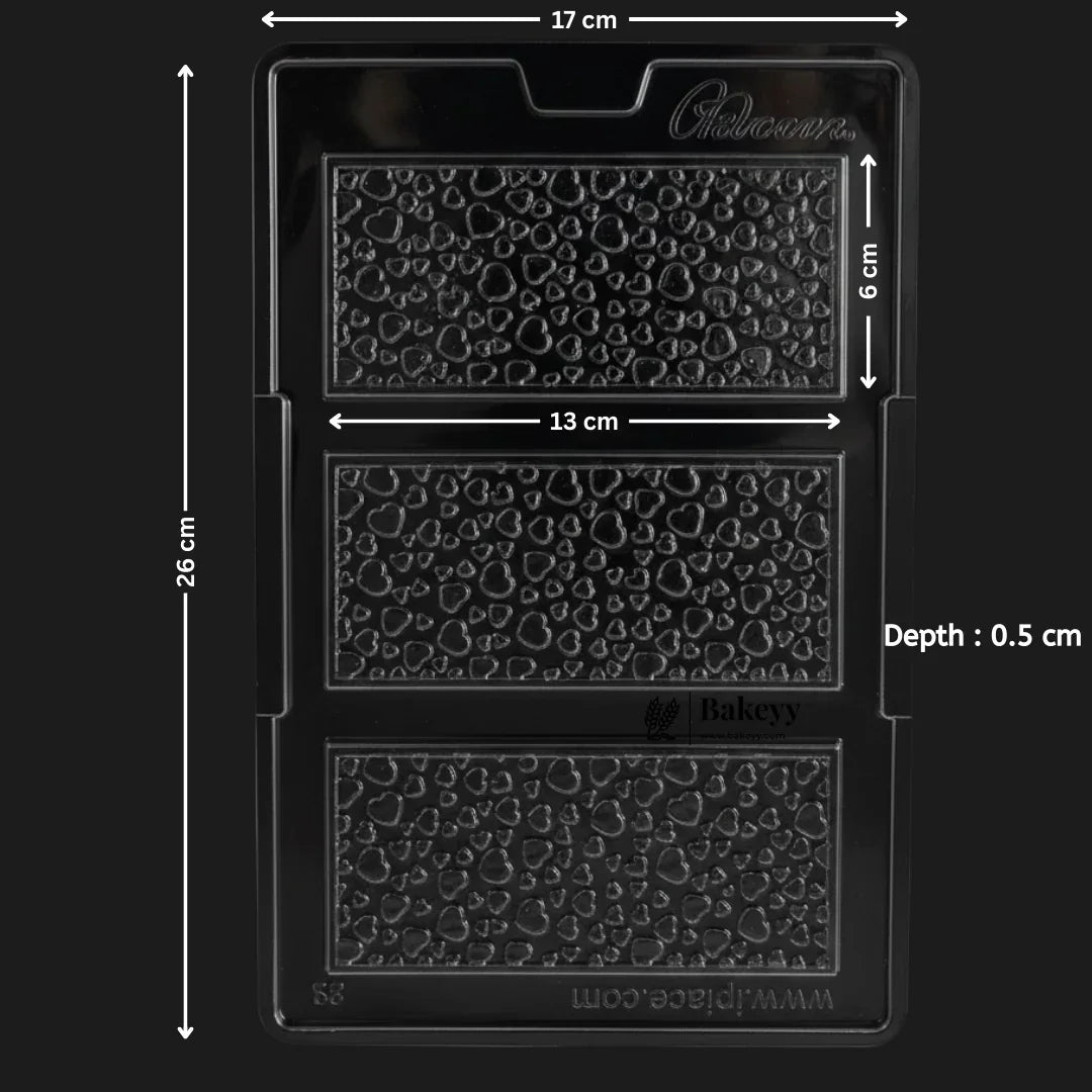 Mould 571 | Mini Heart textured Rectangular Chocolate Bar Mould – 3 Cavities | Baking Accessories | Pack of 1